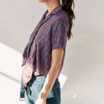 Sandro  Paris Cary Cat Blouse Blue Red Women Top Front Tie Cropped Style Size 1 Photo 2