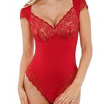 Popilush Sexy shapewear deep v cap sleeve lace Tummy Control top bodysuit red M Size M Photo 0