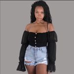 NWT Parisian Off Shoulder Ruched Sheer Top Womens 4 Black Romantic Coquette Photo 2