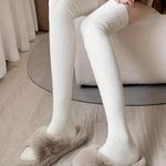 Beige Cozy Ribbed Thigh High Socks Photo 4