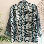 Animal zebra print multicolored colorful lace fringe detail long sleeve lightweight snap closure collared shirt blouse Size M Photo 2