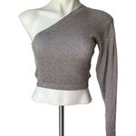 Mod On Trend Purple Shimmer Ribbed Knit Cropped One Shoulder Sweater, Sz L Photo 4