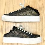 P448  Clara Metallic Faux Fur Lined Platform Slip On Sneakers Black Gold Glitter Photo 3