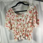 MINKPINK Floral Blouse Womens L White Pink Red Tie Front Smocked Top Cottagecore Photo 5