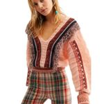 Free People  Passion Fruit Peach Fringe Sweater Alpaca Wool Large Boho Photo 2