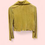 Cute golden mustard crinkle rib flare sleeve scallop hem crop button front top Gold Photo 3