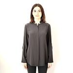 Akris Punto Black 100% Silk Blouse Laser-Cut Lattice Detail Roll-Tab Sleeves 8 Photo 3