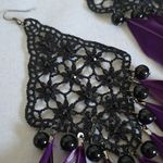 Statement Earrings Black Lace with Purple Feathers Photo 1