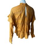 Free People  Mustard Yellow High Neck Long Sleeve Eyelet Smocked Ruffle Top, Sz L Photo 3