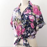 vintage • 80s floral button down blouse shirt short sleeve pink navy print Size M Photo 1