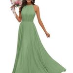 NEW Womens Sage Green Wedding Bridesmaid Formal Long Halter Dress with Pockets 8 Photo 0
