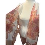 Woven Heart Kimono‎ Cover Up Shawl Duster Boho Festival Paisley Print Tassels Cream Pink Photo 3