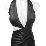 Oh Polly  Black Faux Leather Halter V-Neck Cutout Ruched Mini Bodycon Dress Sz 2 Photo 3