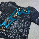 NWT Vintage 80s CARINA Sequin Top Blue Gold Lightning Black Silk Women's Large Photo 1