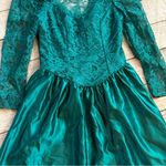 Vintage 1980s Fit and Flare Prom Dress Teal Fitted Bodice Lace Long Sleeve Bow Green Size 14 Photo 3