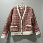 Anthropologie Maeve By Anthroplogie Tweed Lurex Coatigan Pink Cream Gold Button Size Medium Photo 4