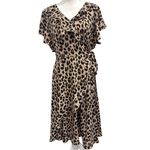 Unique Vintage Leopard Wrap Dress Ruffle Midi Tie Waist Tan Black Pinup Medium Photo 2