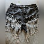 High Waist Ripped Rhinestone Pearl Beaded Fringe Tassel Frayed Black Jean Shorts Size L Photo 6