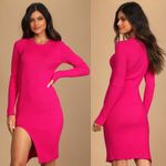 Lulus Hot Pink Ribbed Knit Bodycon Sweater Dress Long Sleeve Asymmetrical Hem Photo 2