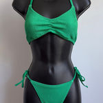 Aerie  sz L top M bottom Green Ribbed Drawstring Bikini Set Adjustable‎ Tie Swim Photo 0