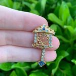 Vintage Rhinestone Pendulum Clock Brooch/Pin Gold w/ Blue Photo 1