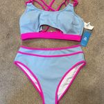Cupshe Light Blue Pink Trim Strappy Back High Rise Swim Bikini Set Size M Photo 2