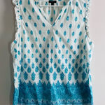 Talbots  size XL V-neck blouse white and turquoise or blue paisley border print Photo 0