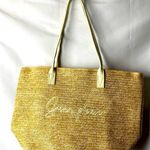 UNBRANDED STRAW PURSE WITH YELLOW PINEAPPLE CLOTH LINING OFF WHITE STRAPS Tan Photo 0