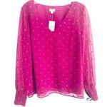 NWT J. Crew Polka Dot Chiffon V Neck Long Sleeve Hot Pink Blouse Sz L Size L Photo 0