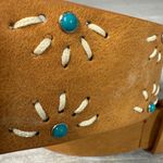 Brown Floral Embossed Leather Belt Faux Turquoise Accents Brass Buckle Women's Photo 2