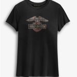 Harley Davidson sz L Womens Distressed Eagle Jersey Cotton Logo Tee Biker Grunge Black Size L Photo 0