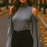 Susana Monaco NWT Quiet Luxury Flare Sleeve Cold Shoulder Top Small Gray Y2K Photo 0