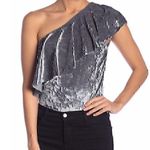 Tart NWOT  Ruffled One Off Shoulder Velvet Top Grey Velour Ruffle Sleeveless SM Photo 3
