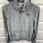 Victoria's Secret  Velour Full-Zip Hoodie Jacket Gray Small SM Pink Dog glitter Photo 6