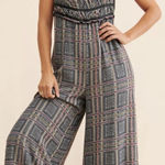 Free People Marley Plaid Wide Leg Gray Jumpsuit Black Straps Boho Size Medium Photo 0