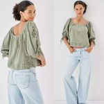 American Eagle Olive Green Eyelet Half Sleeve Wide Neck Puff-Sleeve Blouse XL Photo 1