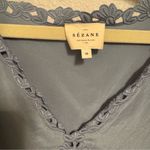 Sézane  Francia 100% Silk Blouse Eyelet Floral Trim V-Neck Top Blue Size 6 Photo 5