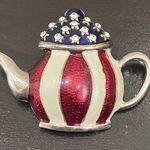 2009 AD Patriotic July 4th Enameled Tea Kettle Tea Party Brooch Photo 4
