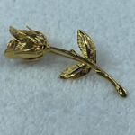 Gold Tone Long Stem Bud Rose Pin Brooch Leaves Stem Flower Vintage Photo 1