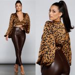 Windsor Chic Look Leopard Print Satin Puff Sleeve Crop Top Photo 1