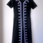 Vintage Black Knit Short Sleeve Embroidered Button Front Maxi Dress with Slit S Purple Photo 0