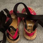 Chic Pink Embroidered Espadrilles with Black Ankle Ties Size 5 Photo 0