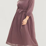 Bloomchic Solid Square Neck Pocket Contrast Lace Belted Dress Mauve 14 Photo 0