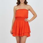 Krisa  Orange Smocked Strapless Tiered Ruffle Mini Dress Size L Made in USA Photo 0