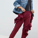 ASOS Ruffle Tapered Pants, Wine Red, 100% Polyester, Statement Joggers Lounge Photo 0