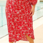 Eloquii  Red Coral Print Wrap Midi Skirt Size 16 NEW Photo 0