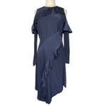 Parker Women’s Silk Navy Asymmetrical Ruffle Long Sleeve Midi Dress Photo 1