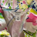 Crown & Ivy  Lime Green & Pink Floral‎ Ruffled Top Sleveless Small V-Neck Cottage Photo 4