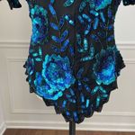 Laurence Kazar NWT NOS  Beaded Sequin Short Sleeve Silk Top Blue Black L Photo 3