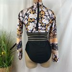 Floral Long Sleeve Black White & Orange Cutout 1 Piece Swim Bathing Suit M Size M Photo 2